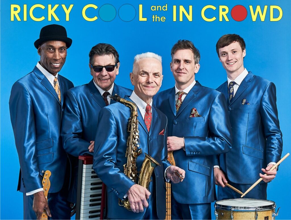 Promotional image for Ricky Cool and the In Crowd - five band members holing musical instruments, looking towards the camera, wearing blue suits