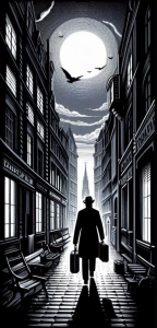 Weeping Library portrait - silhouette of man walking between two rows of houses towards a church, it is dark with moonlight, he is wearing a hat and carrying a case