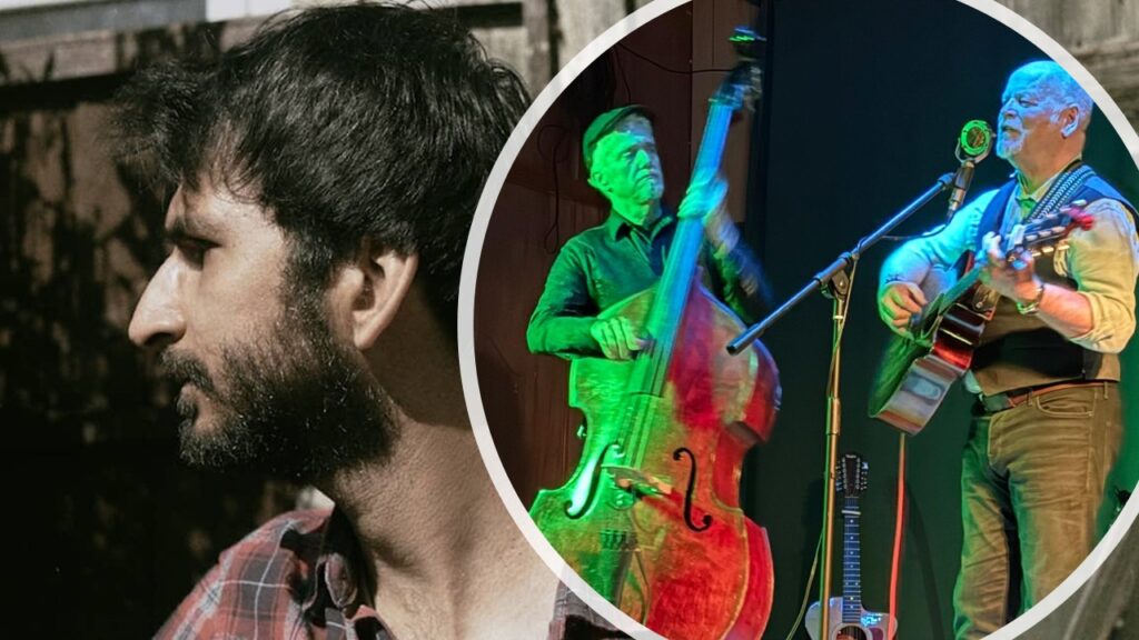 Left: profile of a bearded man in a plaid shirt; right: circular cropped scene of a live band with a guitarist and upright bassist under colored lights