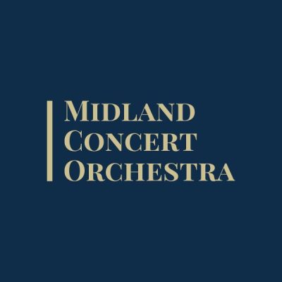 Midland Concert Orchestra logo, name of the orchestra in gold lettering on a dark blue background