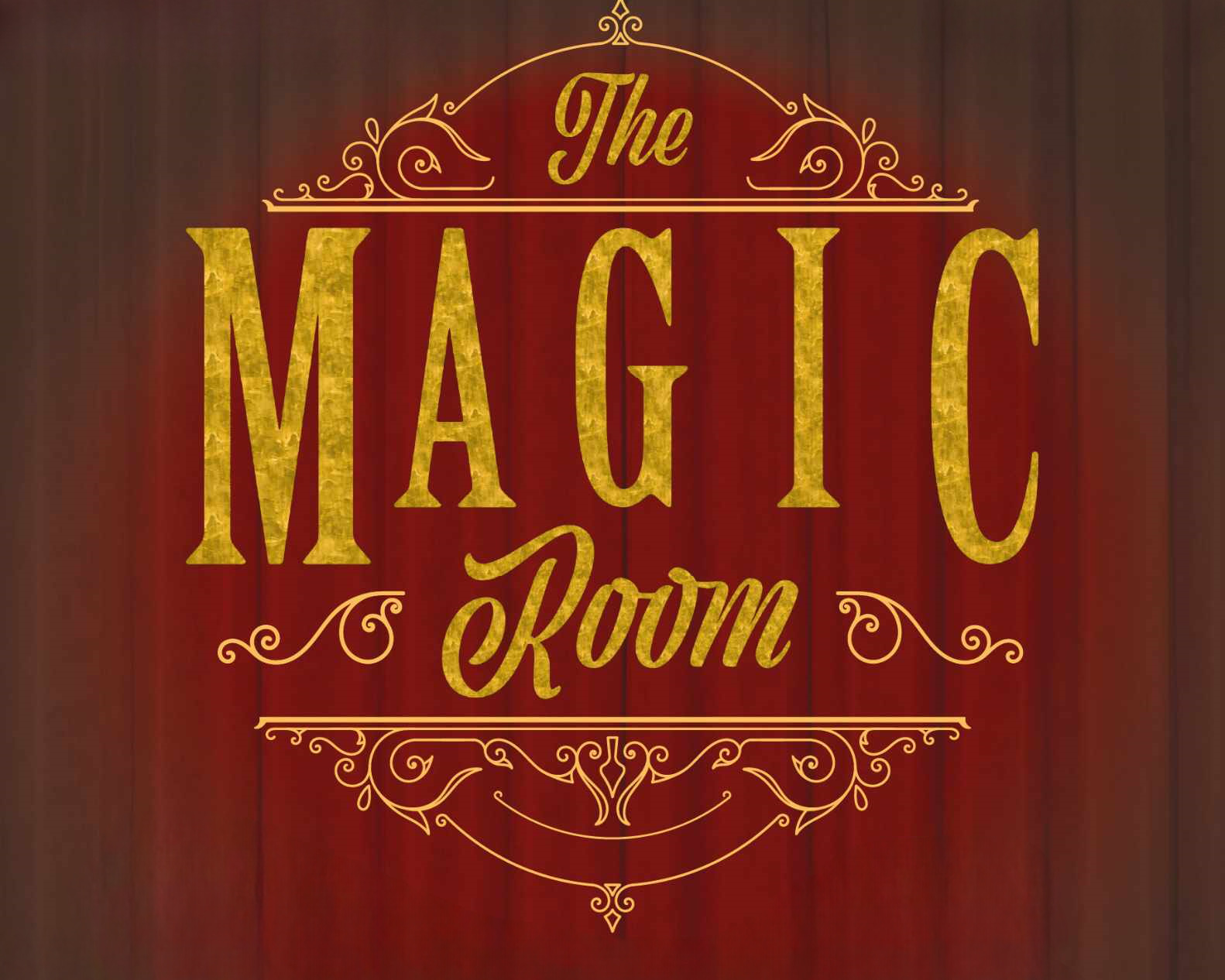 The Magic Room Logo, gold lettering on a red background