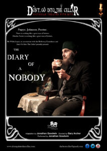 Promotional poster Don't Go Into The Cellar's productions of Diary of a Nobody, Jonathan Goodwin in costume, sat drinking a cup of tea