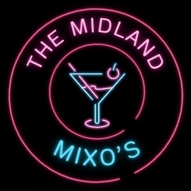 Logo - The words The Midland, In pink, Mixo's, in light blue, around a blue lined cocktail glass with a pink straw and pink cherry.