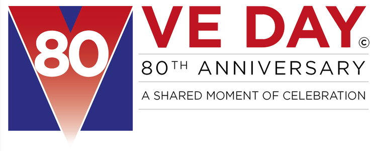 VE 80th anniversary logo, white 80 over a red letter v and the words VE Day in red