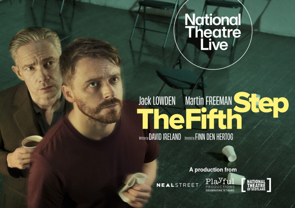 Quad for THE FIFTH STEP from NT Live, images shows Jack Lowden standing in front of Martin Freeman, both wearing dark tops
