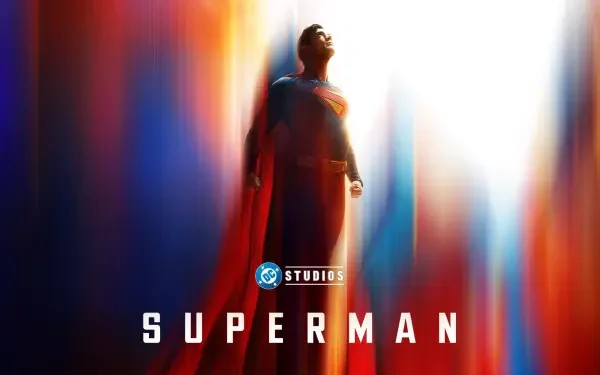 Promotional image for the film Superman. Superman wearing a blue skin-tight outfit with red pants and red cape soaring upwards,