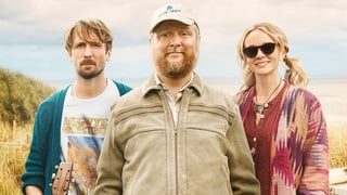 Promotional image for the The Ballad of Wallis Island, Tim Key (centre) with Carey Mulligan on his left and Tom Basden on his right