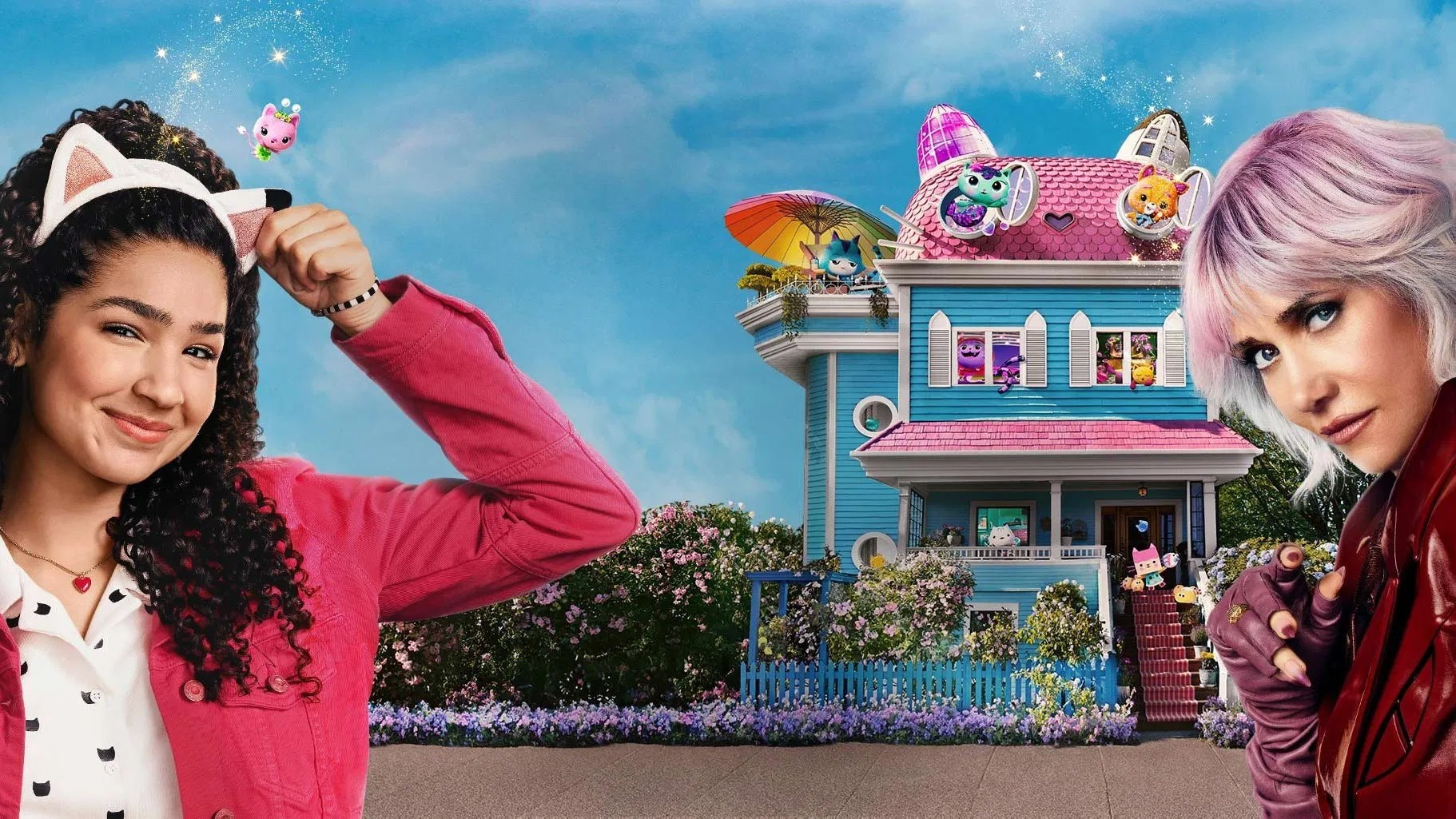 Promotional Image for Gabby's Dollhouse: The Movie, showing Gabby and her aunt in front of a house
