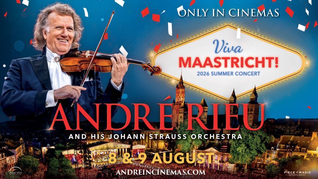 Promotional poster for Andre Rieu with his Johann Strauss Orchestra, announcing the 2026 Viva Maastricht Summer Concert in Maastricht with a violinist on stage and festive confetti on blue backdrop.