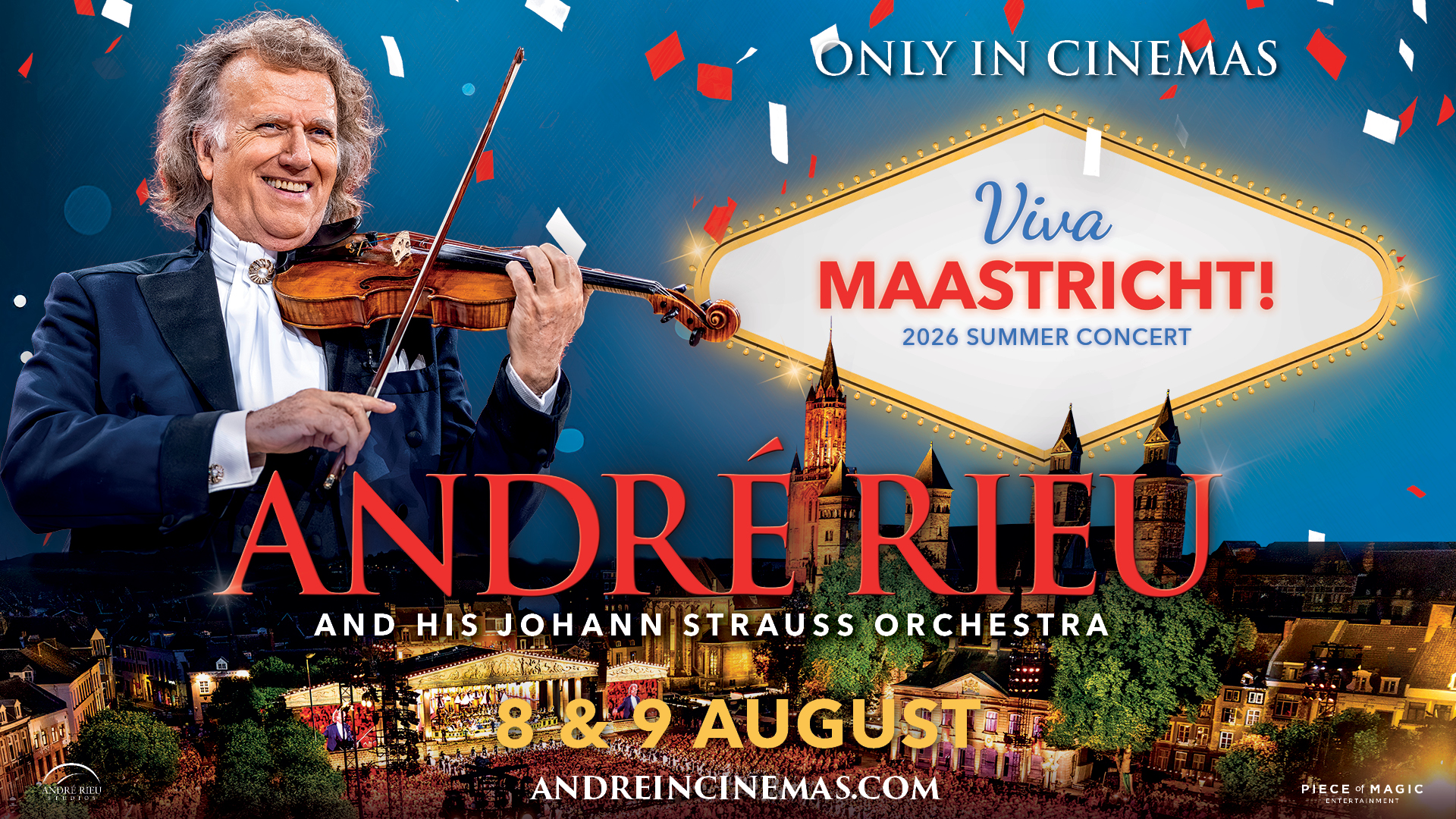 Promotional poster for Andre Rieu with his Johann Strauss Orchestra, announcing the 2026 Viva Maastricht Summer Concert in Maastricht with a violinist on stage and festive confetti on blue backdrop.