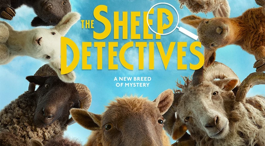 Promotional image for THE SHEEP DETECTIVES, a circle of sheep heads against a blue sky