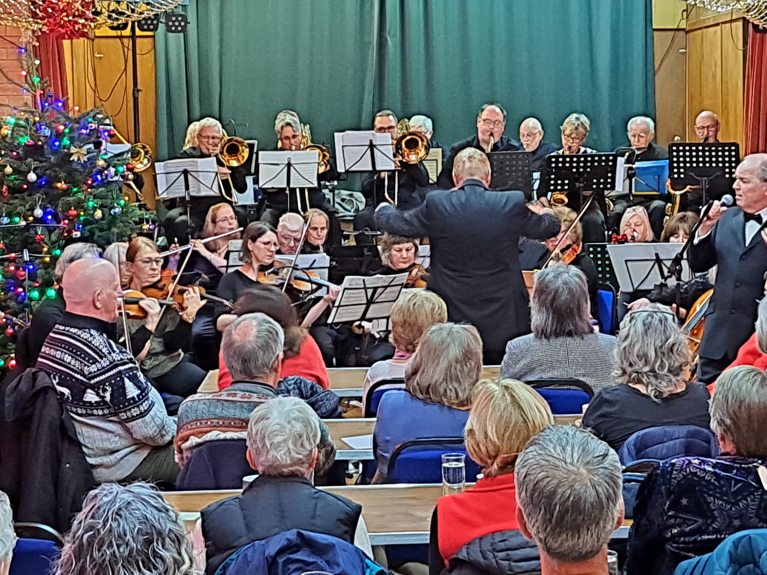 Orchestra performing on a stage with a conductor facing away, audience seated in front, and a Christmas tree with colorful lights to the left.