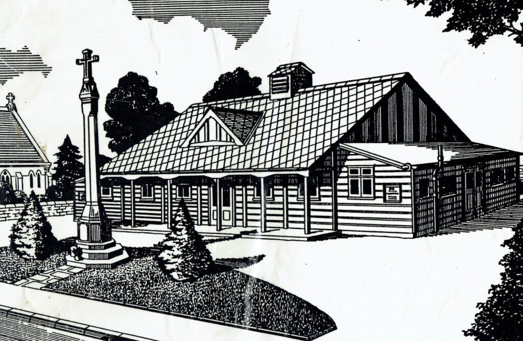 Illustration of a large-roofed building with a small dormer, surrounded by trees and a monument with a cross in the foreground.