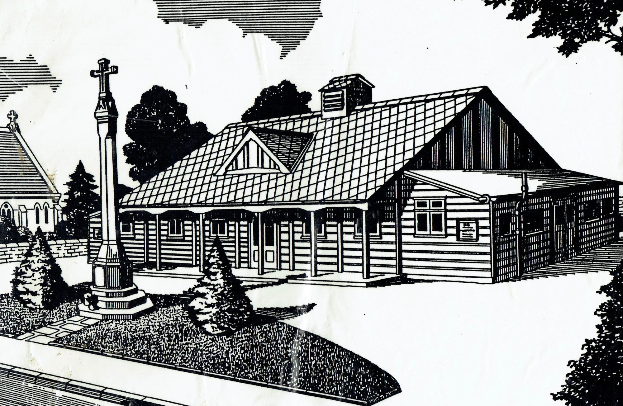 Fairfield Church Hall - Illustration - Bromsgrove Arts Illustration of a large-roofed building with a small dormer, surrounded by trees and a monument with a cross in the foreground.
