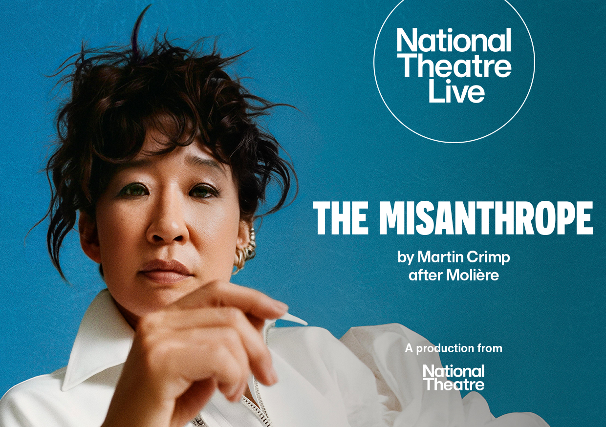 Poster for National Theatre Live The Misanthrope, Sandra Oh looking forward to the camera wearing a white blouse.