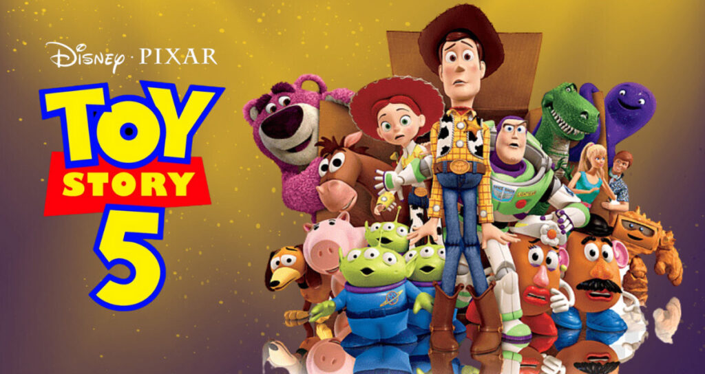 Promotional poster for the film TOY STORY 5, showing all the regular characters, including Woody and Buzz Lightyear