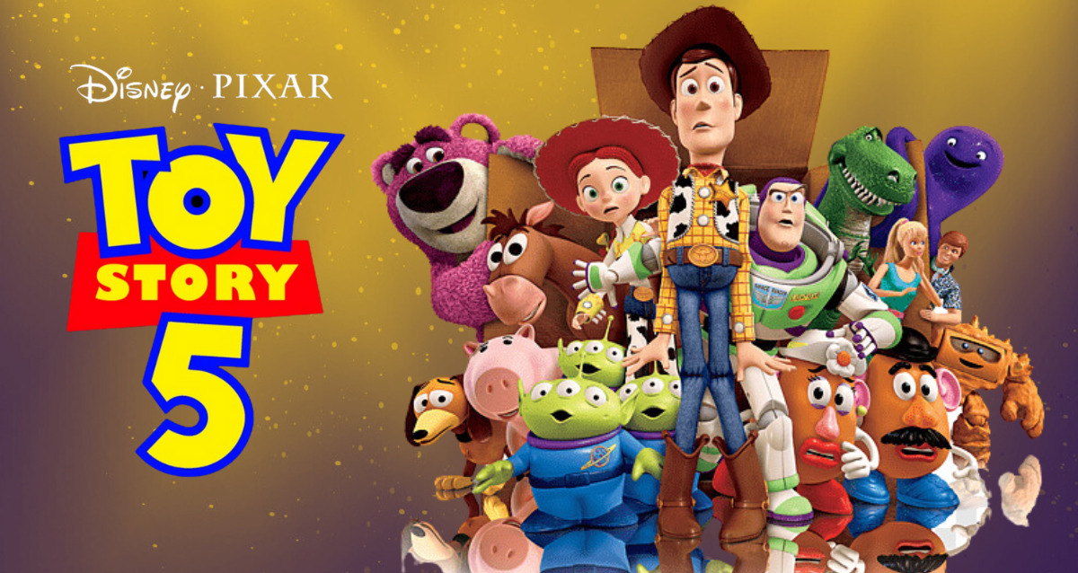 Promotional poster for the film TOY STORY 5, showing all the regular characters, including Woody and Buzz Lightyear