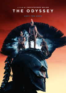 Movie poster for The Odyssey, characters from the film standing on a Grecian helmet